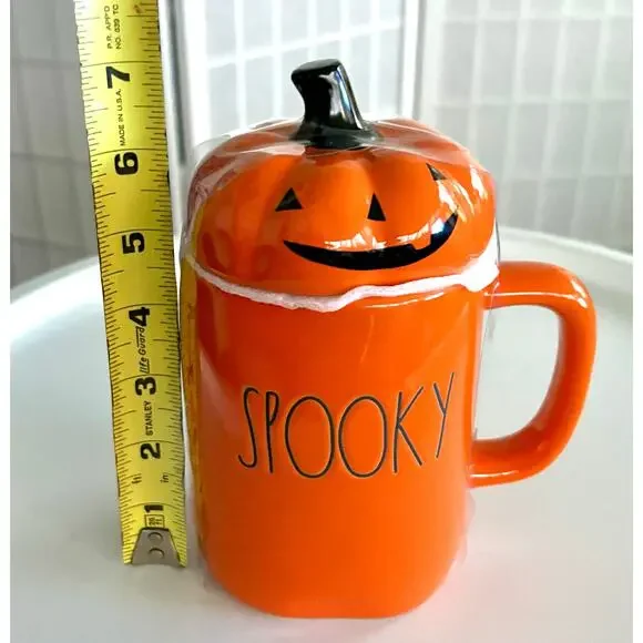 Rae Dunn Halloween Pumpkin Mug w/ Lid “Spooky” Jack-O-Lantern Orange Ceramic NEW - Picture 5 of 6